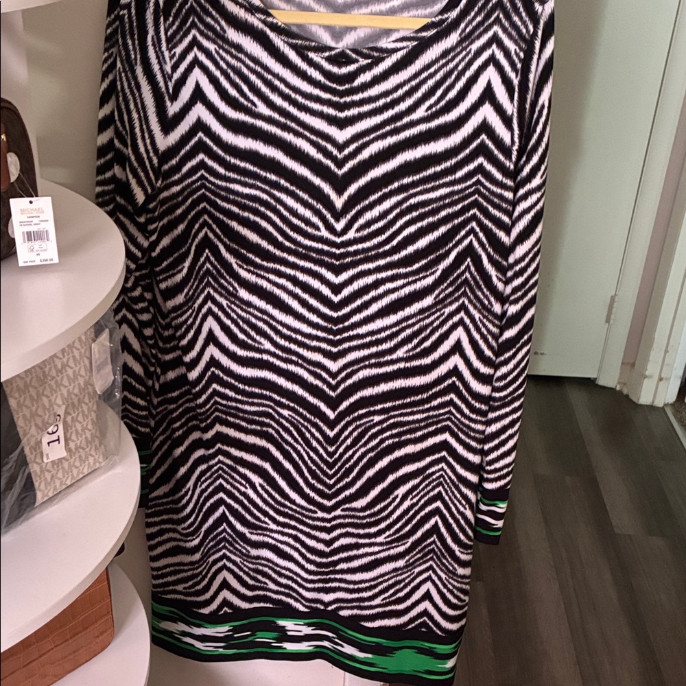 Michael Kors Black and White Zebra Print Dress with Green Accents